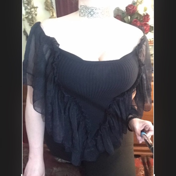 Sexy Unique Ruffle Navy Top Blouse - Picture 3 of 4